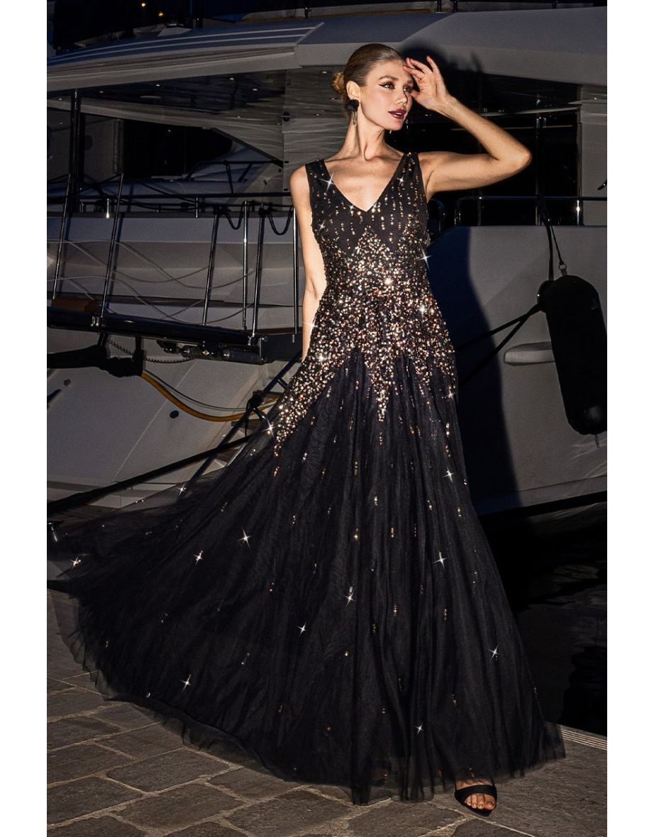 Goddiva Sunray Sequin A-Line Sleeveless Maxi Dress - Black - 4
