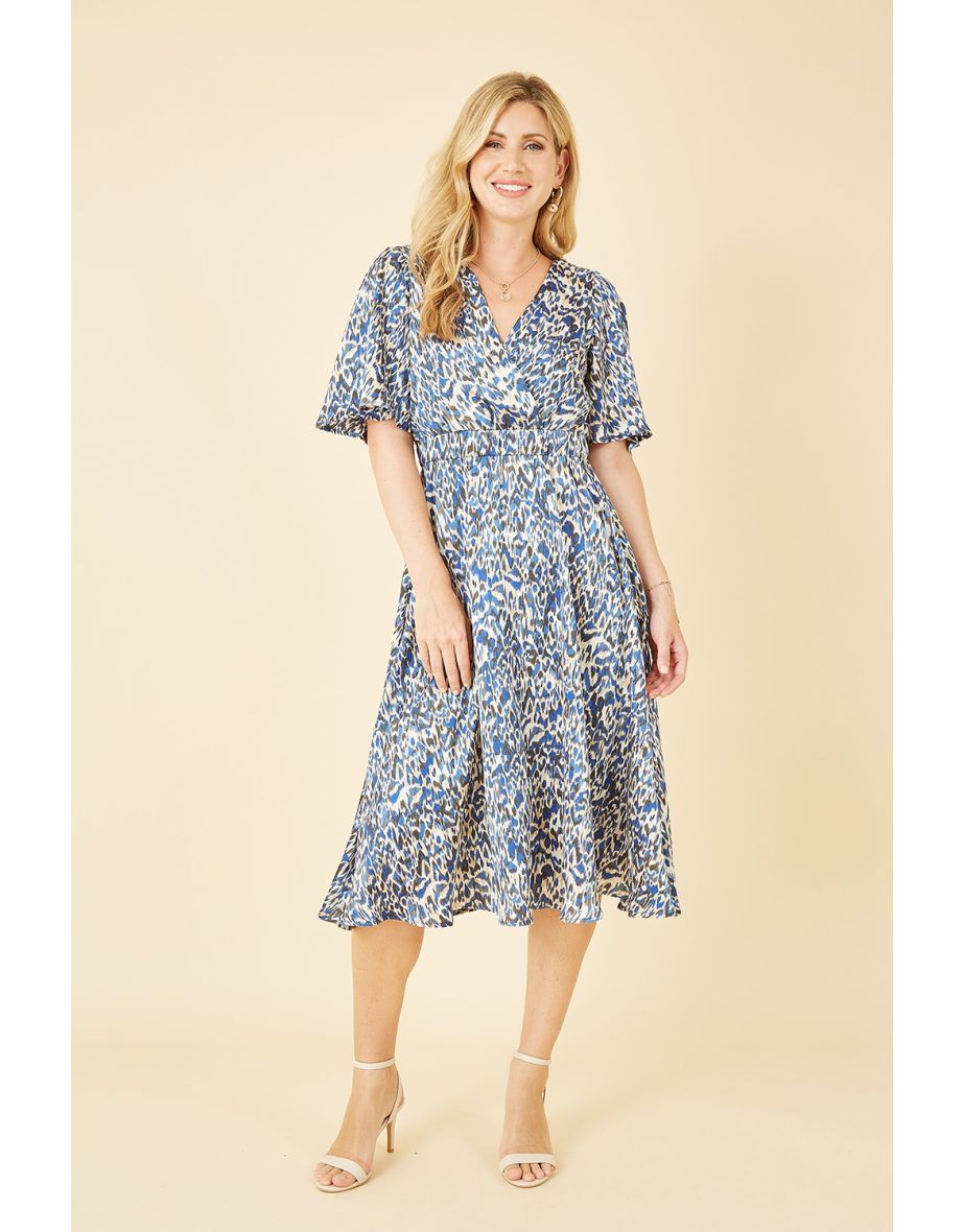 Yumi Blue Animal Print Wrap Midi Skater Dress