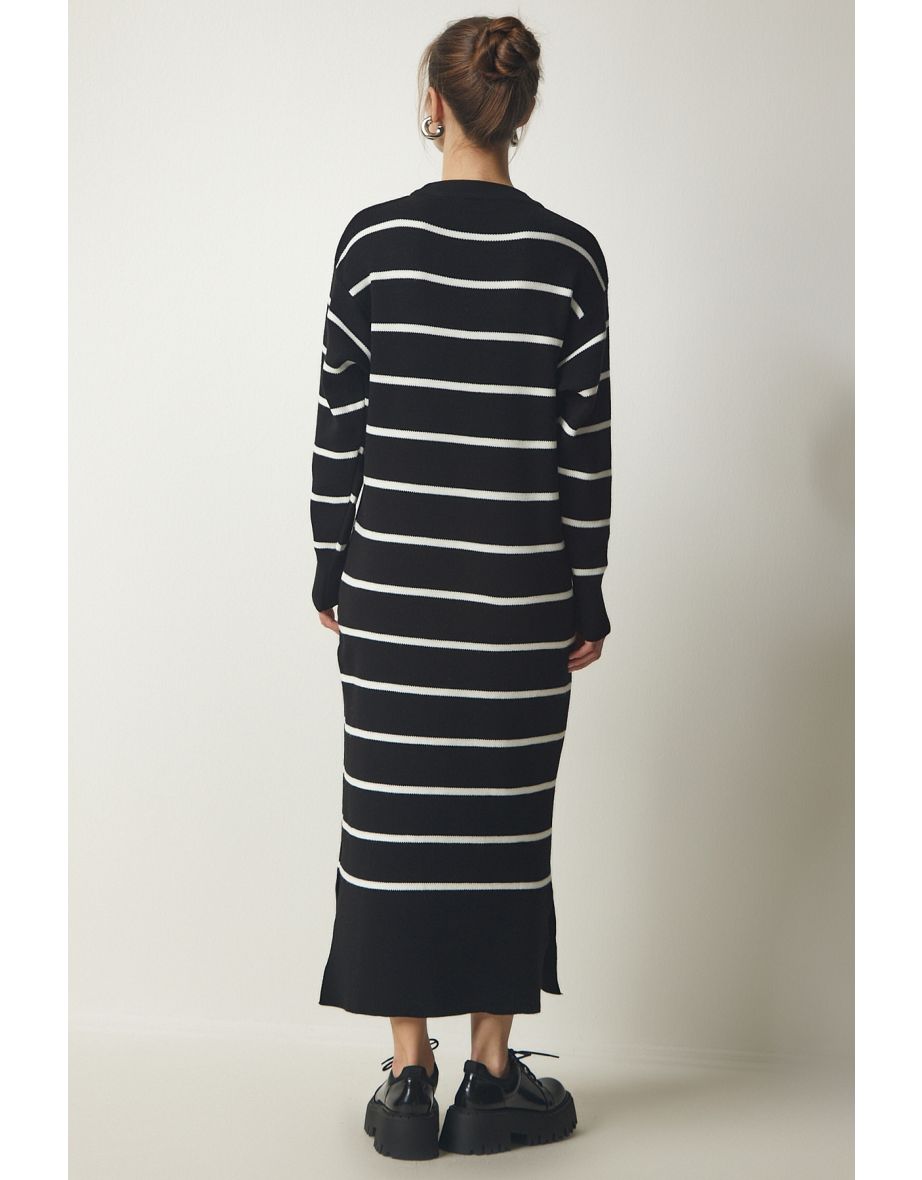 Women's Black Striped Wrap Knitwear Dress - 6