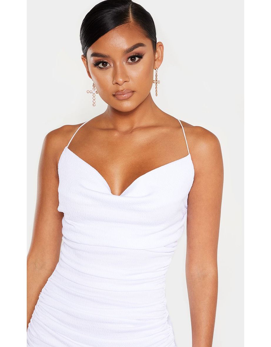 White Crinkle Texture Ruched Cowl Neck Midi Dress - 4