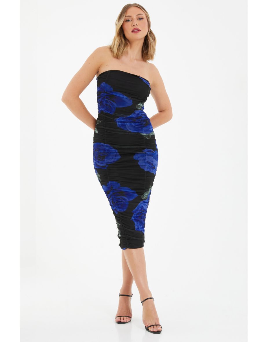 Black Floral Mesh Bandeau Midi Dress