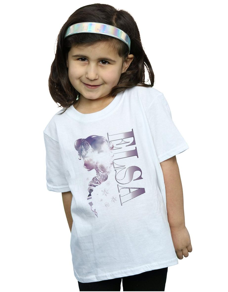 Disney Girls Frozen Ice Kingdom Silhouette Cotton T-Shirt - White