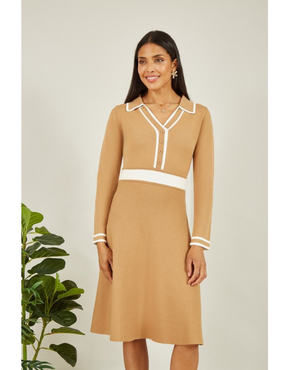 Yumi Camel Contrast Collar Knitted Dress
