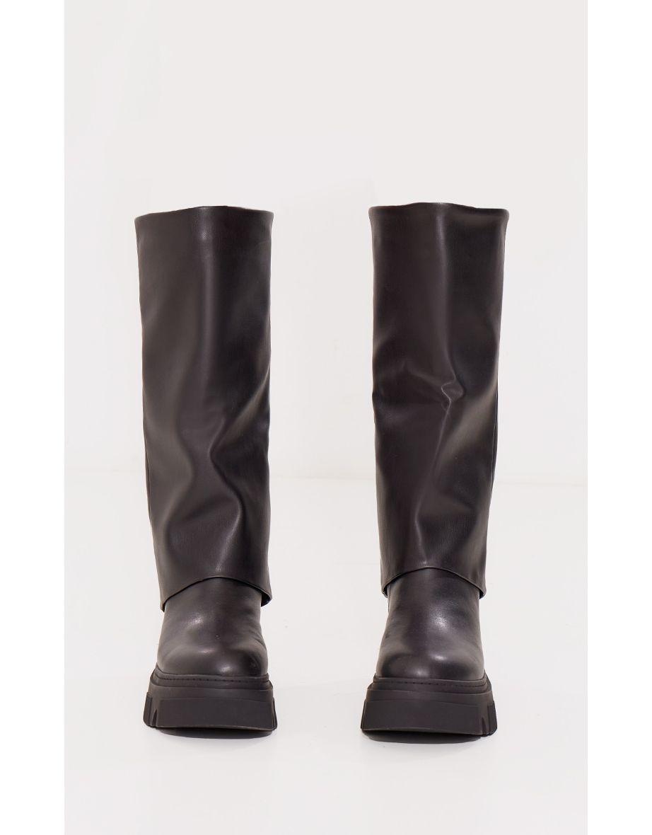 Black PU Round Toe Fold Over Chunky Knee High Boots - 3