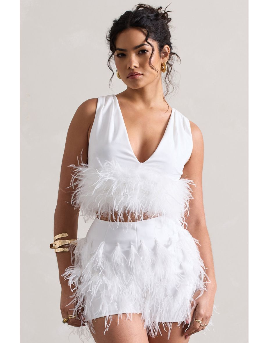 Main Stage | White Plunge-Neck Crop Top With Feather Trim