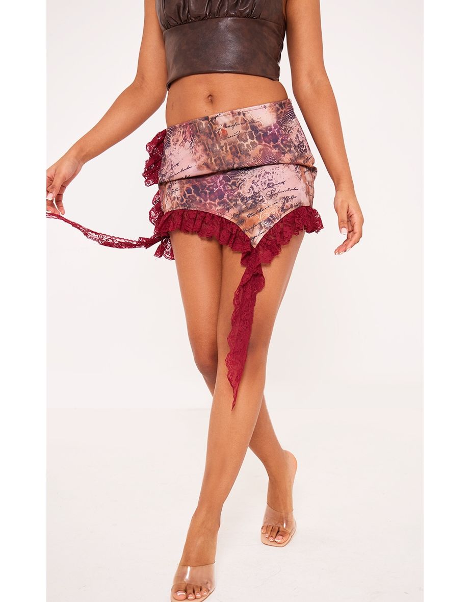 Shop Cherry Red Leopard Print Lace Trim Mini Skirt Online in