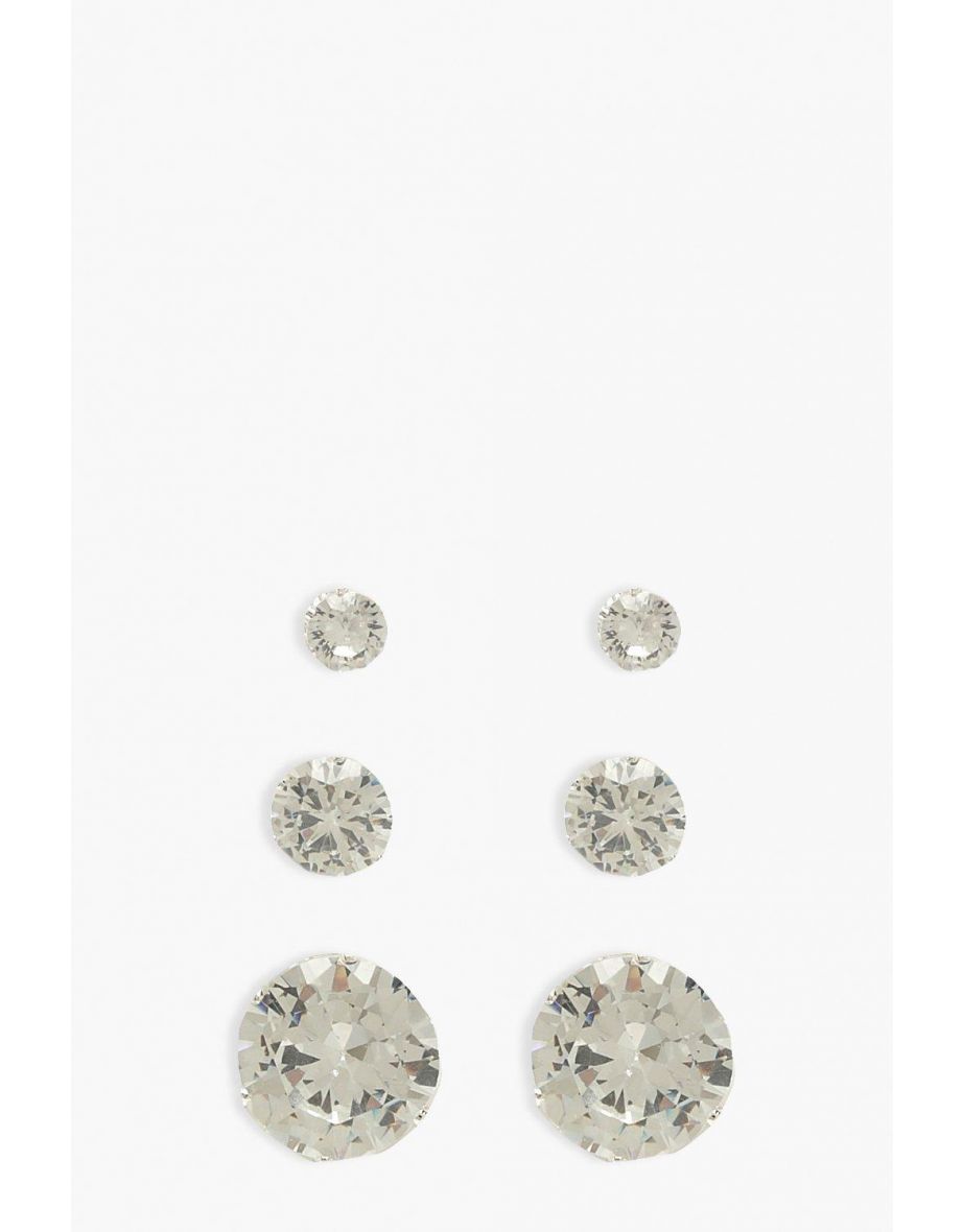 3 Pack Diamante Stud Earrings - silver