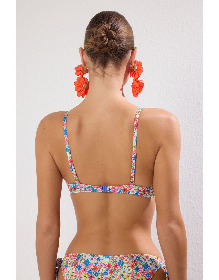 Multicolored Floral Patterned Blue Balconette Push Up Bikini Top - 5