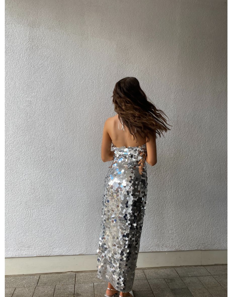 Petite Selena Halterneck Sequin Maxi Dress - Silver - 2