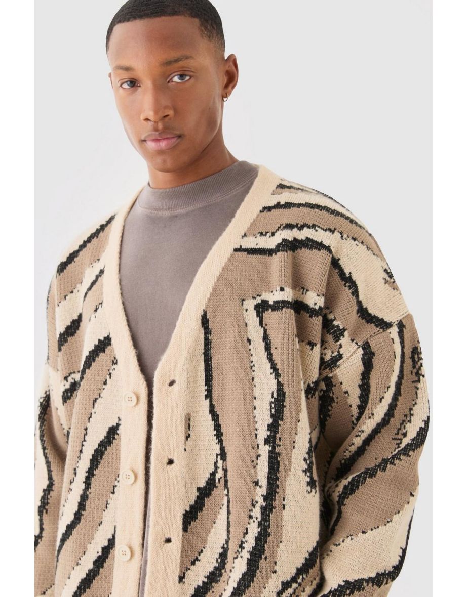 Boxy Oversized Brushed Abstract All Over Jacquard Cardigan - 2