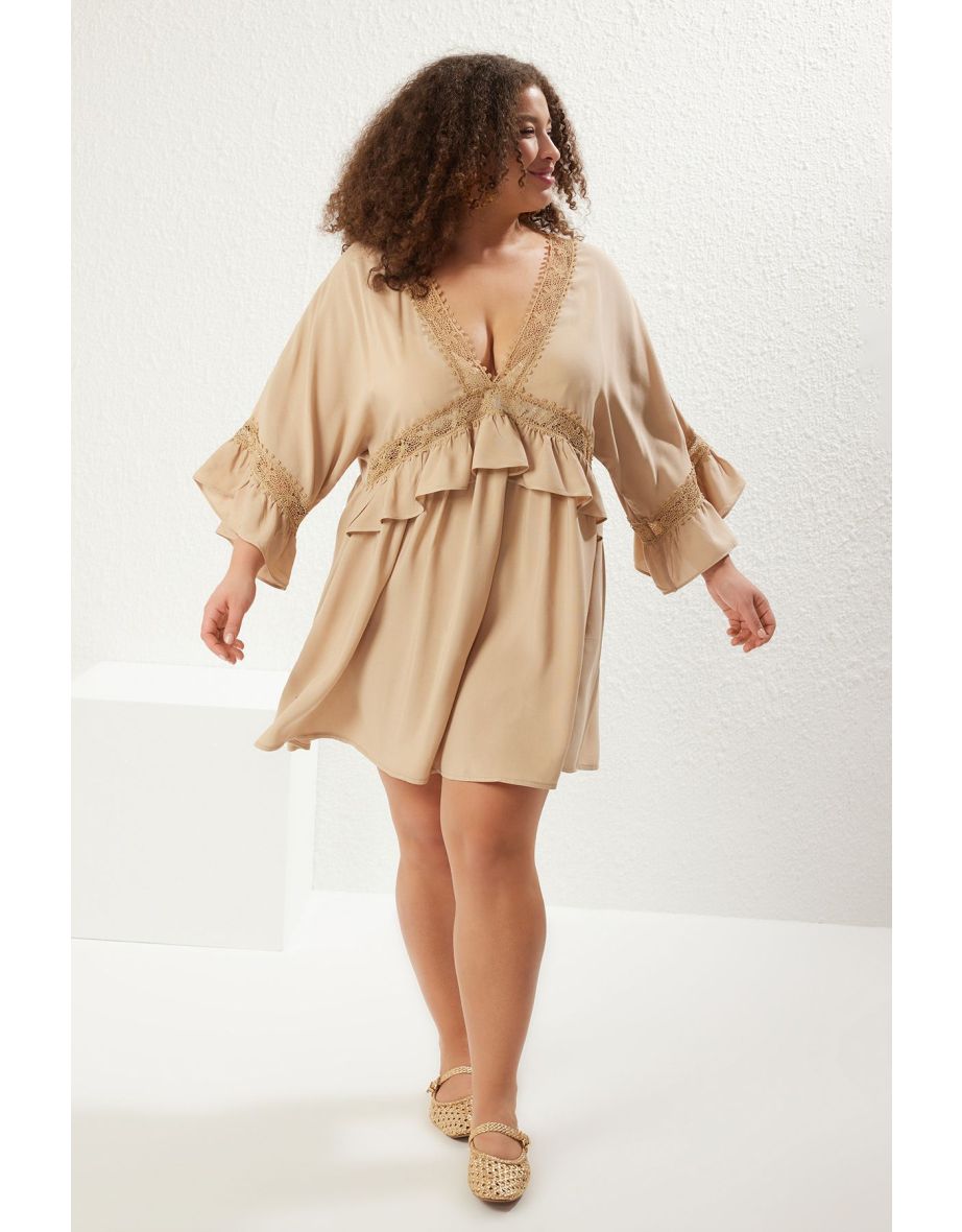 Mink Sleeve Ruffle Lace Stripe Detailed Mini Plus Size Beach Dress