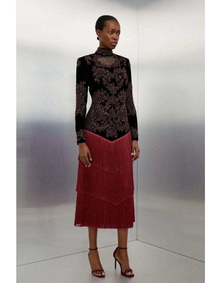 Velvet Baroque Fringe Woven Maxi Dress