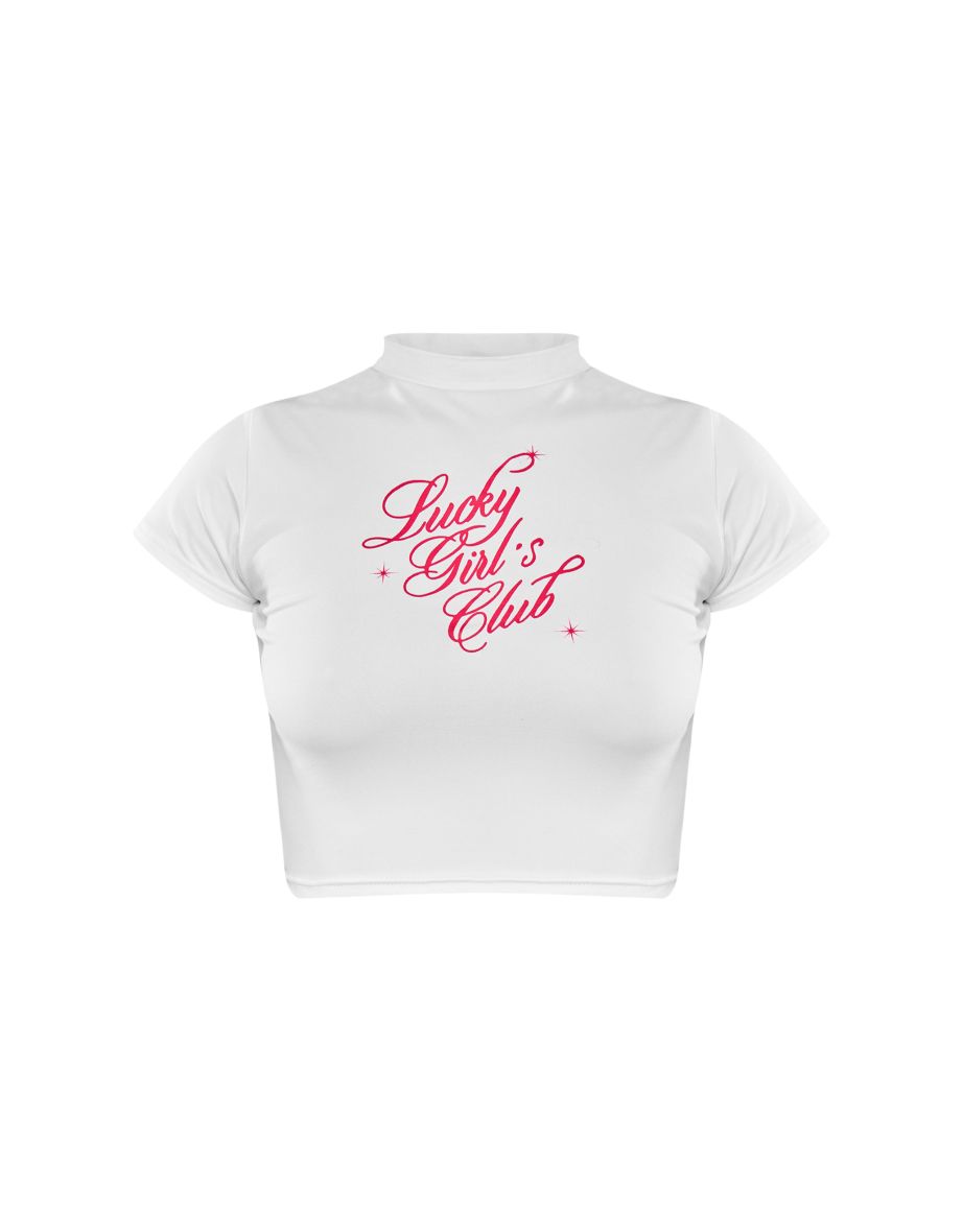 Tall White Lucky Girls Club Slogan Crop Top - 4