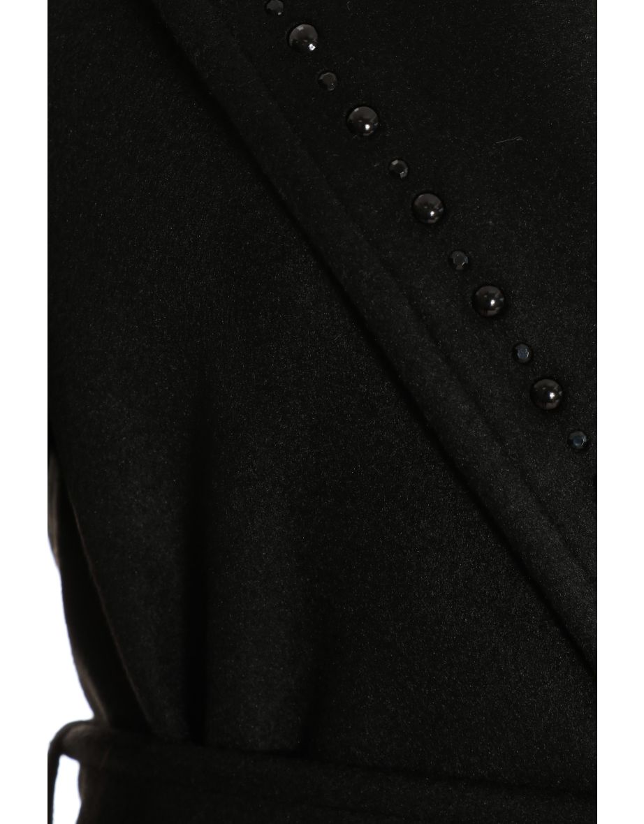 Black Stud Trim Tie Belt Coat - 5