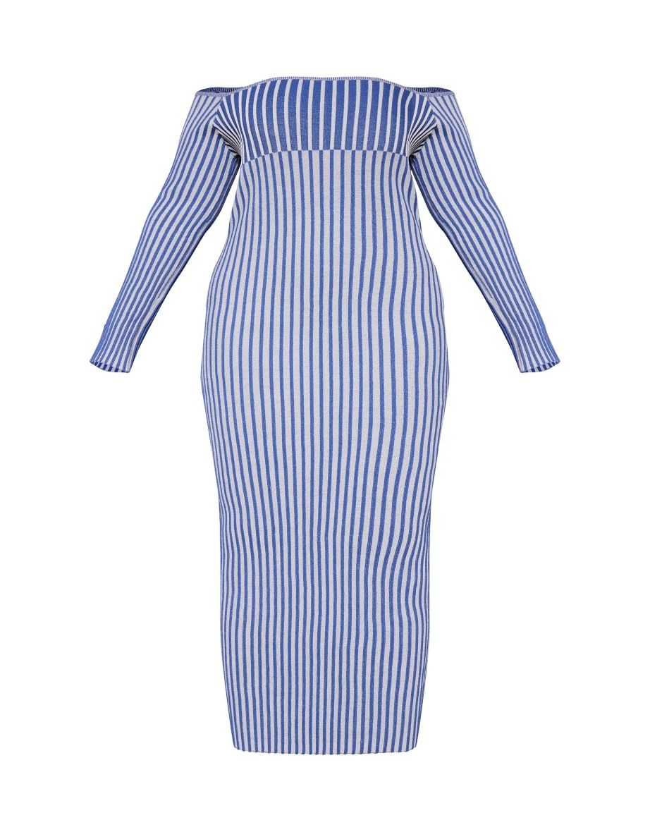 Plus Navy Two Tone Thick Rib Knit Bardot Dress - 4