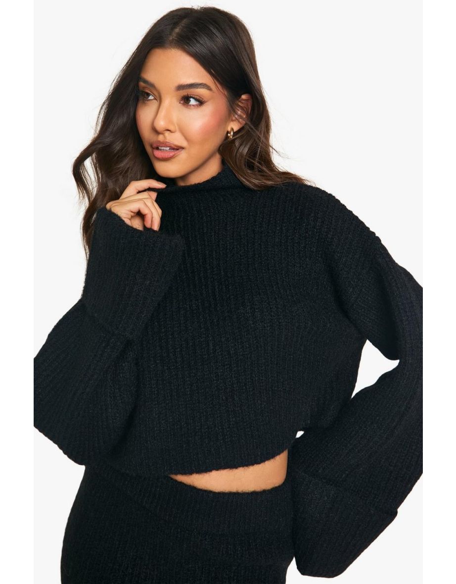 High Neck Oversized Crop Knitted Jumper And Micro Mini Skirt Set - 3