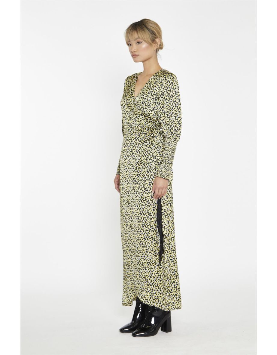 Yellow Splodgy-Floral Wrap Maxi-Dress - 3