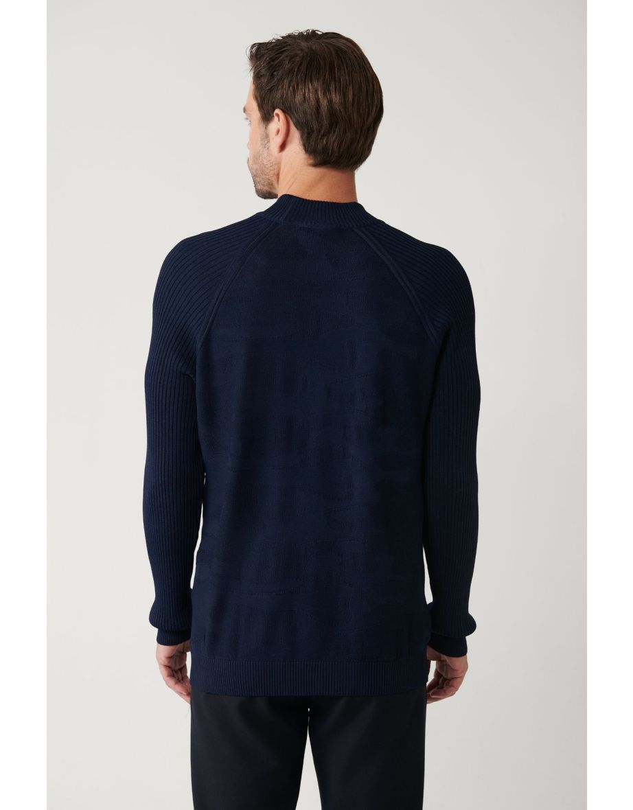 Men's Navy Blue Crew Neck Camouflage Patterned Rayon Knitwear Sweater - 4