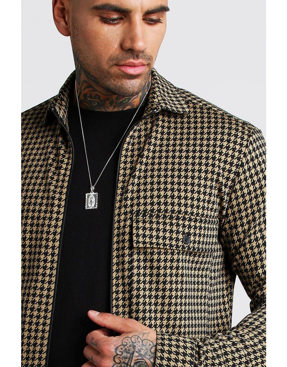 Dogtooth Jacquard Zip Through Overshirt - tan - 3