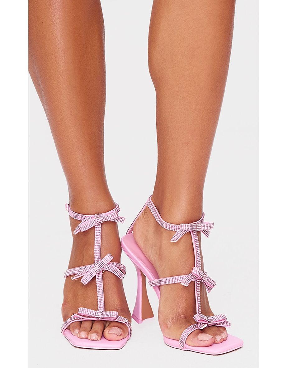 Pink PU Square Toe Diamante Bow Heeled Sandals - 3