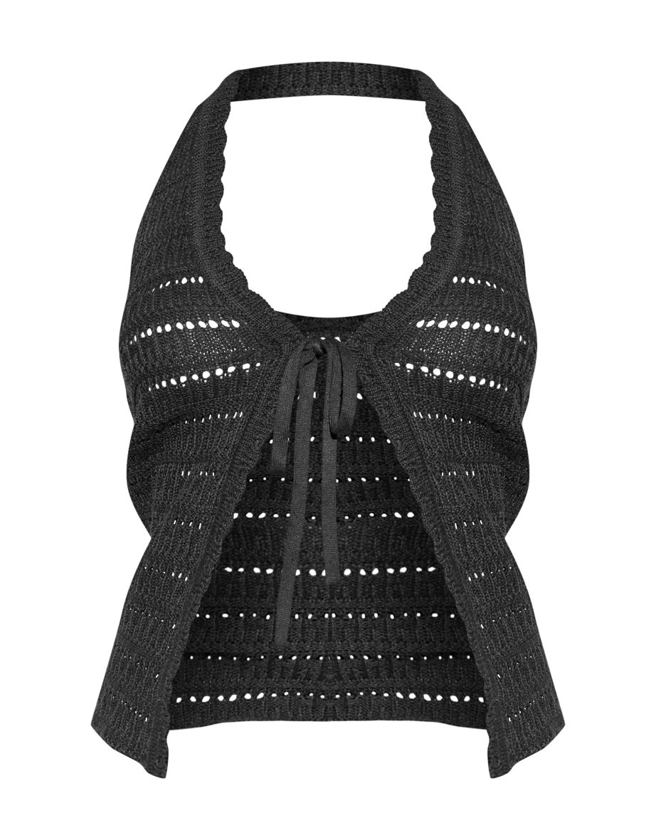 Black Crochet Knit Tie Front Halterneck Top - 4