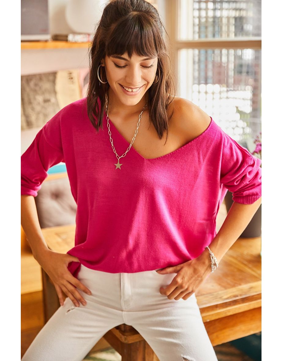 Women's Fuchsia V-Neck Loose Knitwear Blouse