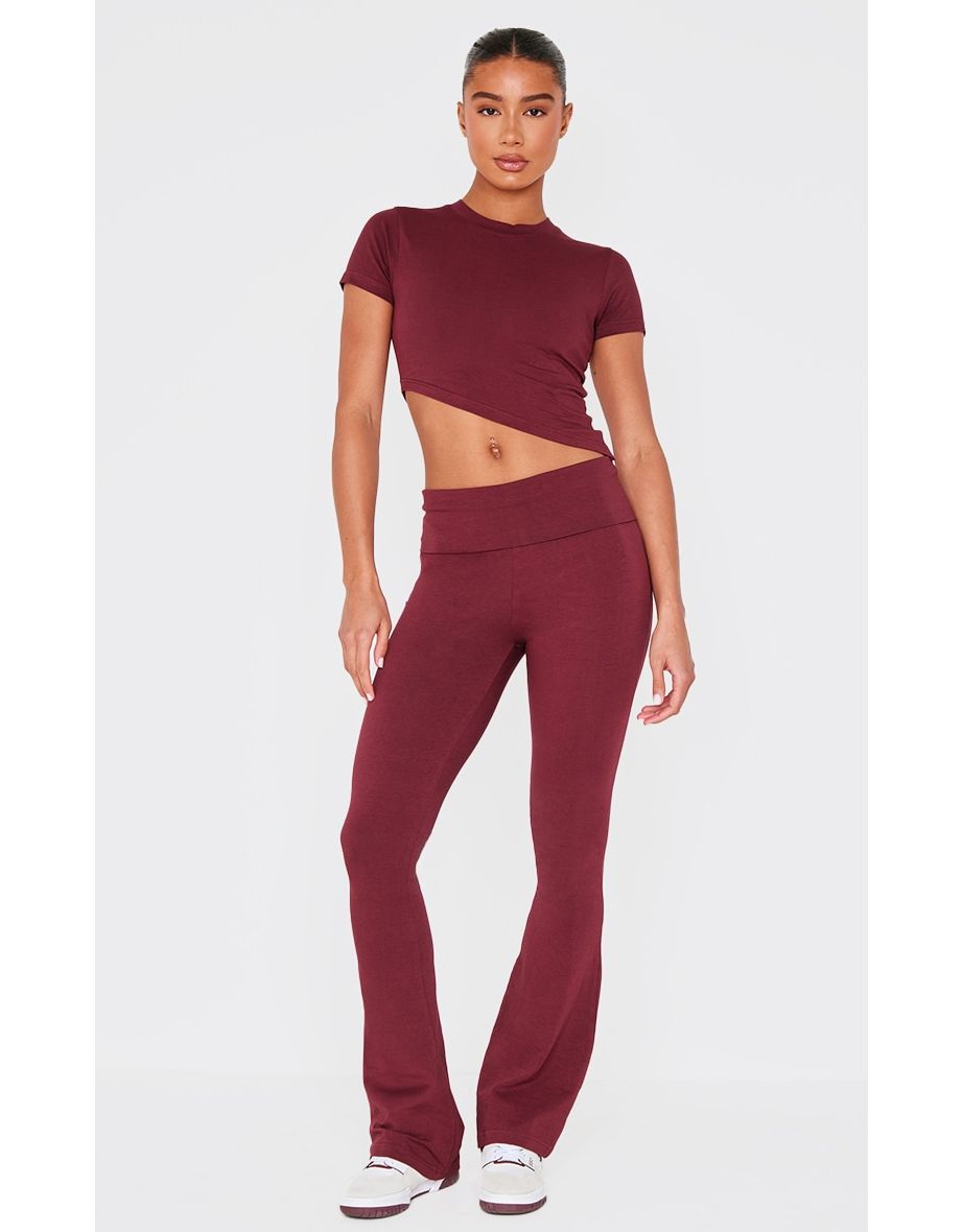 Burgundy Foldover Flared Leggings
