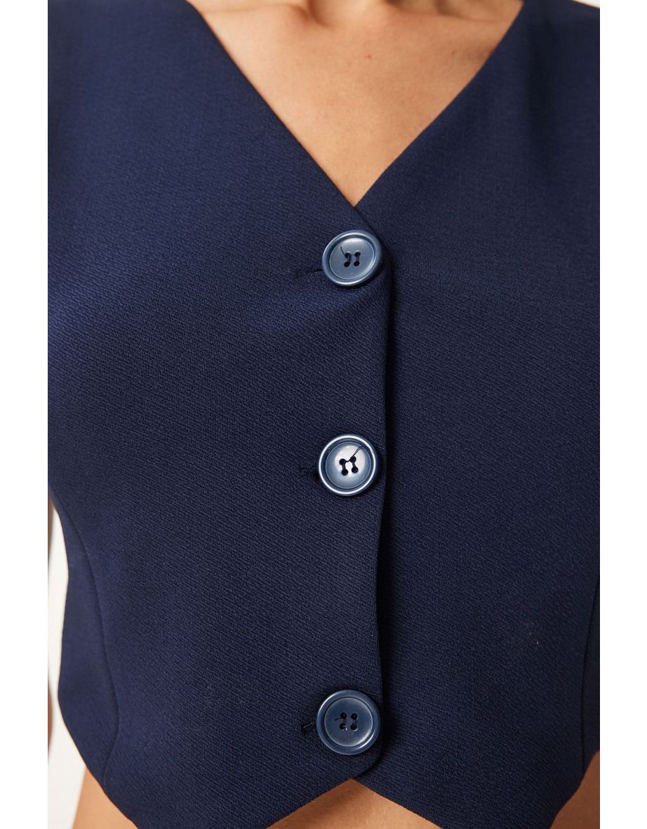 Women's Navy Blue V Neck Lycra Crop Knit Vest - 3