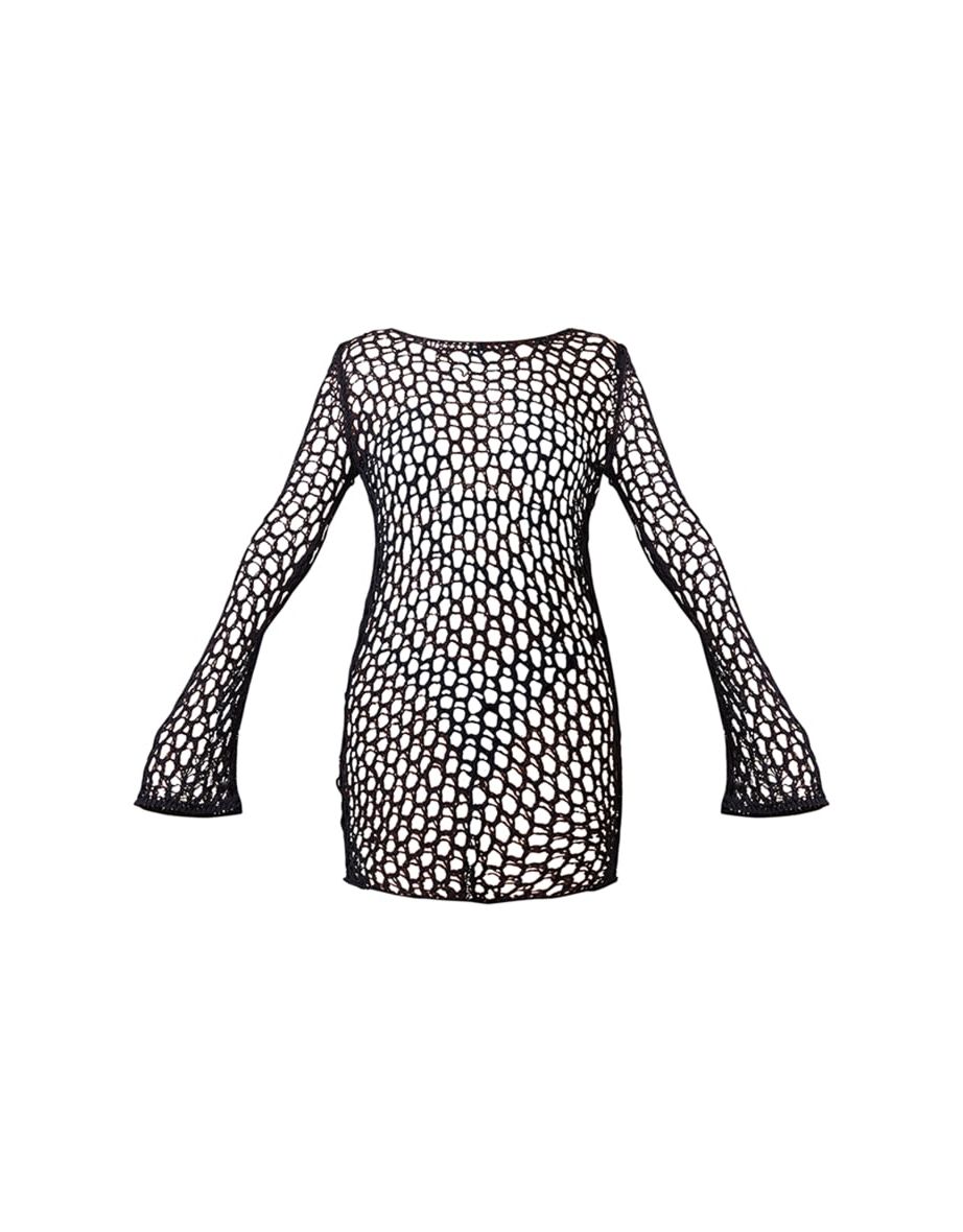 Black Long Sleeve Crochet Floaty Mini Dress - 3