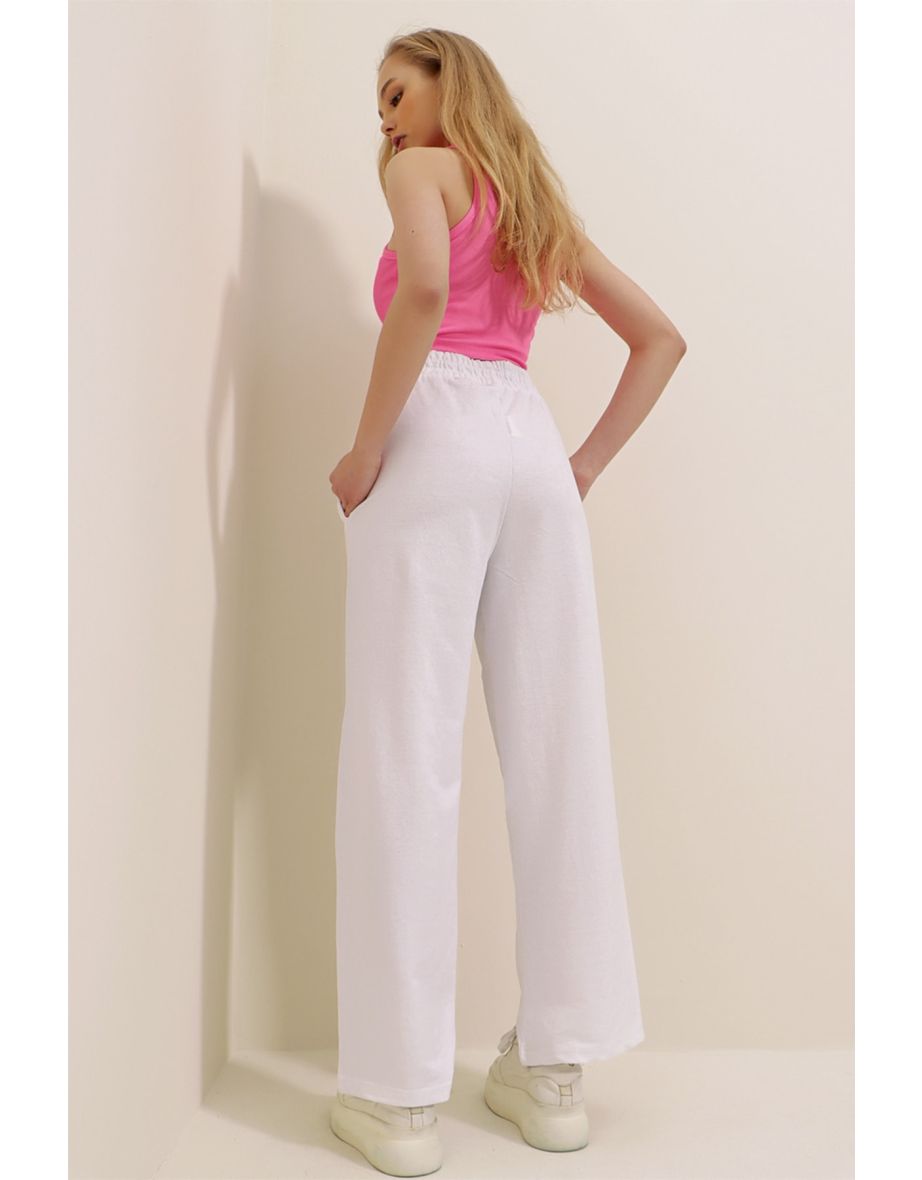 Women's White High Waist Pleated Front Wide Leg Double Pocket Sweatpants - 3