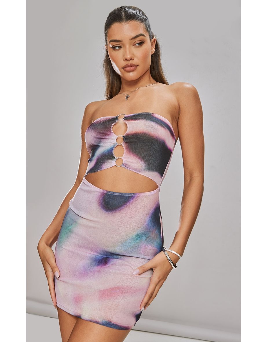 Pink Abstract Print Bandeau Ring Detail Burn Out Mesh Bodycon Dress