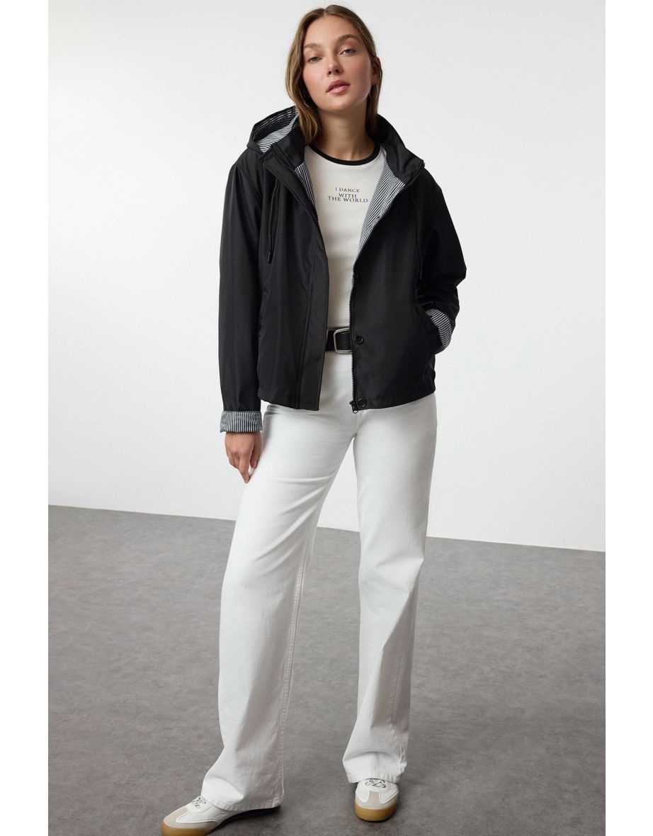 Black Oversize Striped Lined Short Raincoat