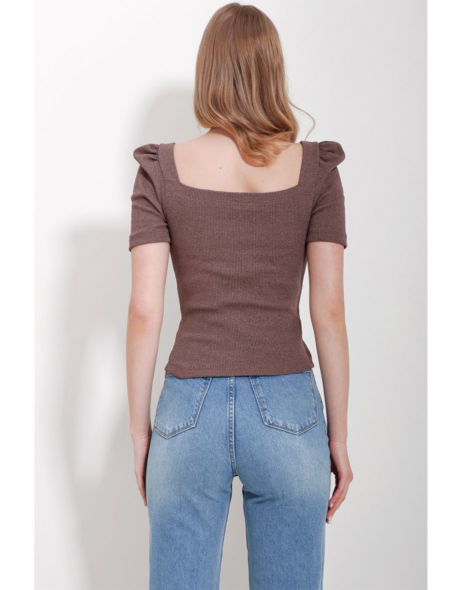 Women's Light Brown Square Neck Princess Sleeve Regular Fit Blouse - 3