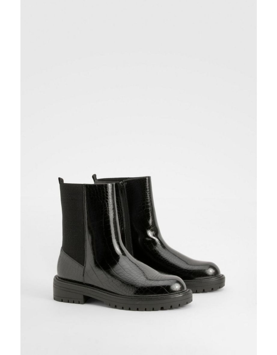 Wide Fit Ankle Detail Croc Pu Chelsea Boot - black