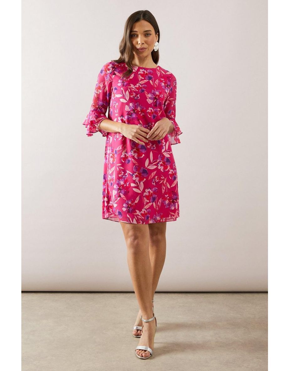Petite Pink Watercolour Floral Ruffle Sleeve Shift Dress