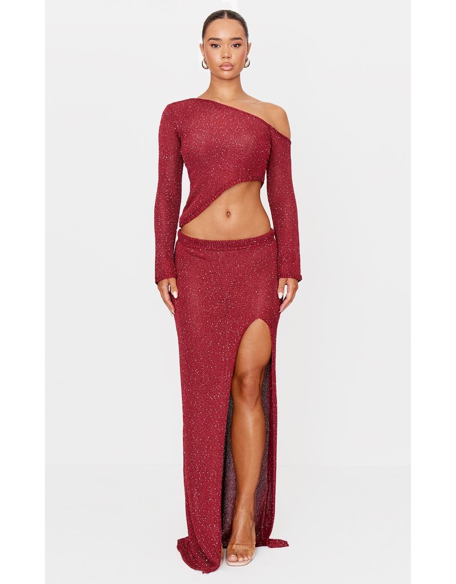 Wine Sequin Knit Asymmetric Long Sleeve Crop Top