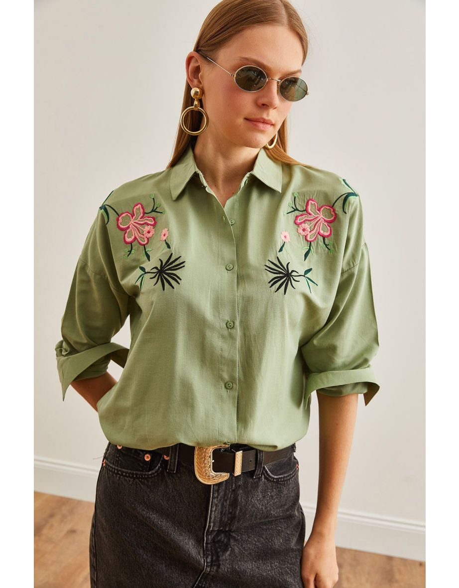 Women's Lilium Mold Green Embroidery Detailed Oversize Woven Shirt