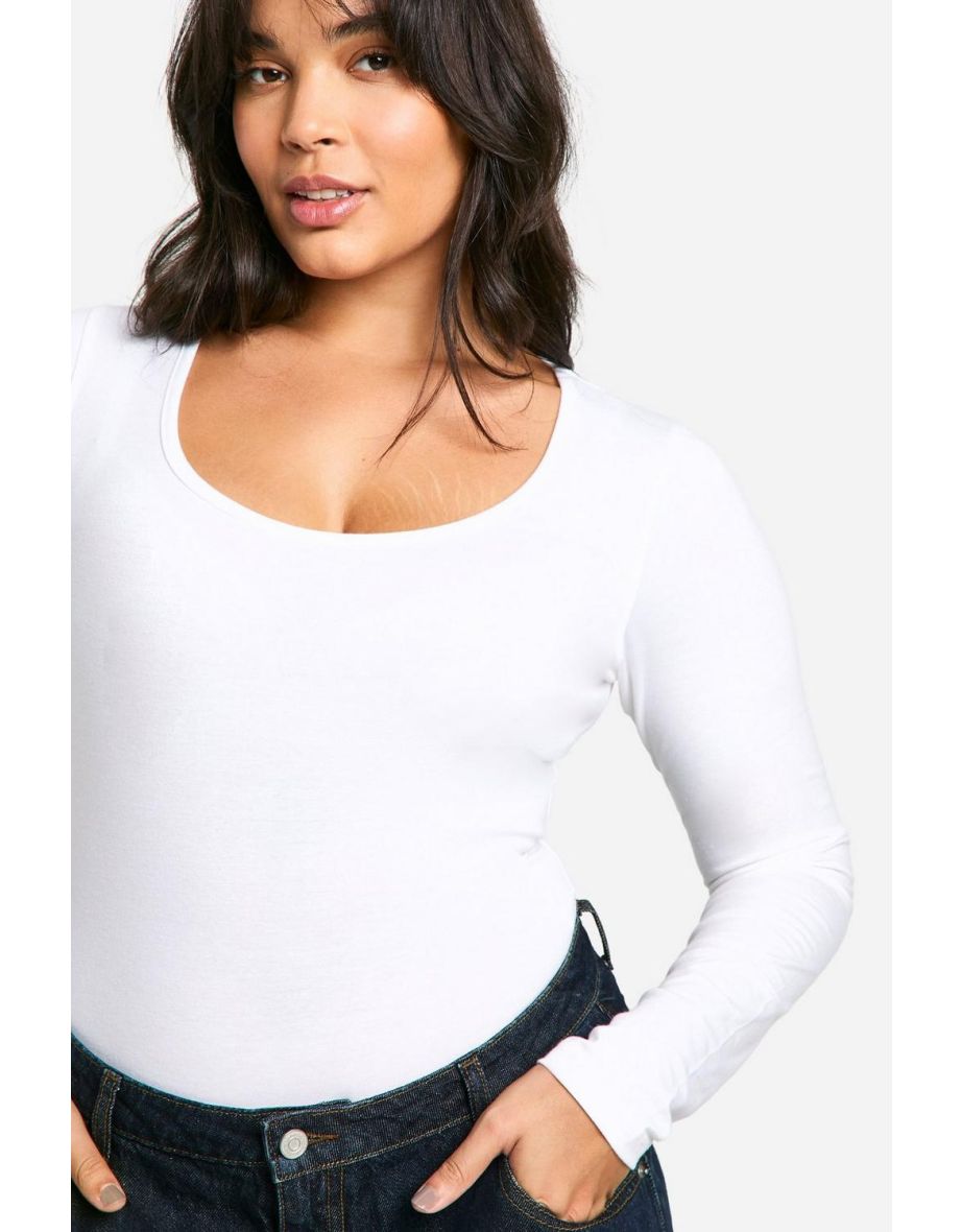 Plus Cotton Scoop Neck Long Sleeve Bodysuit - white - 3