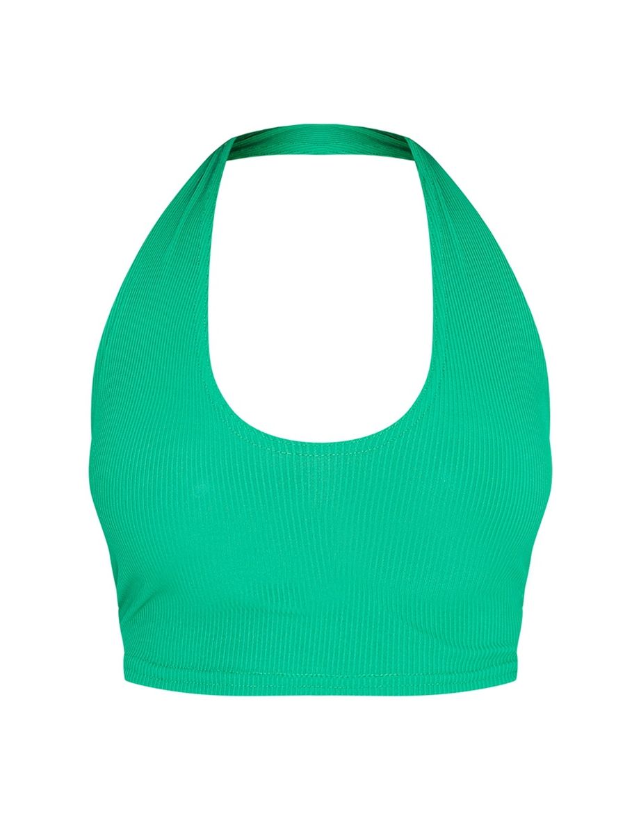 Green Ribbed Halterneck Crop Top - 4