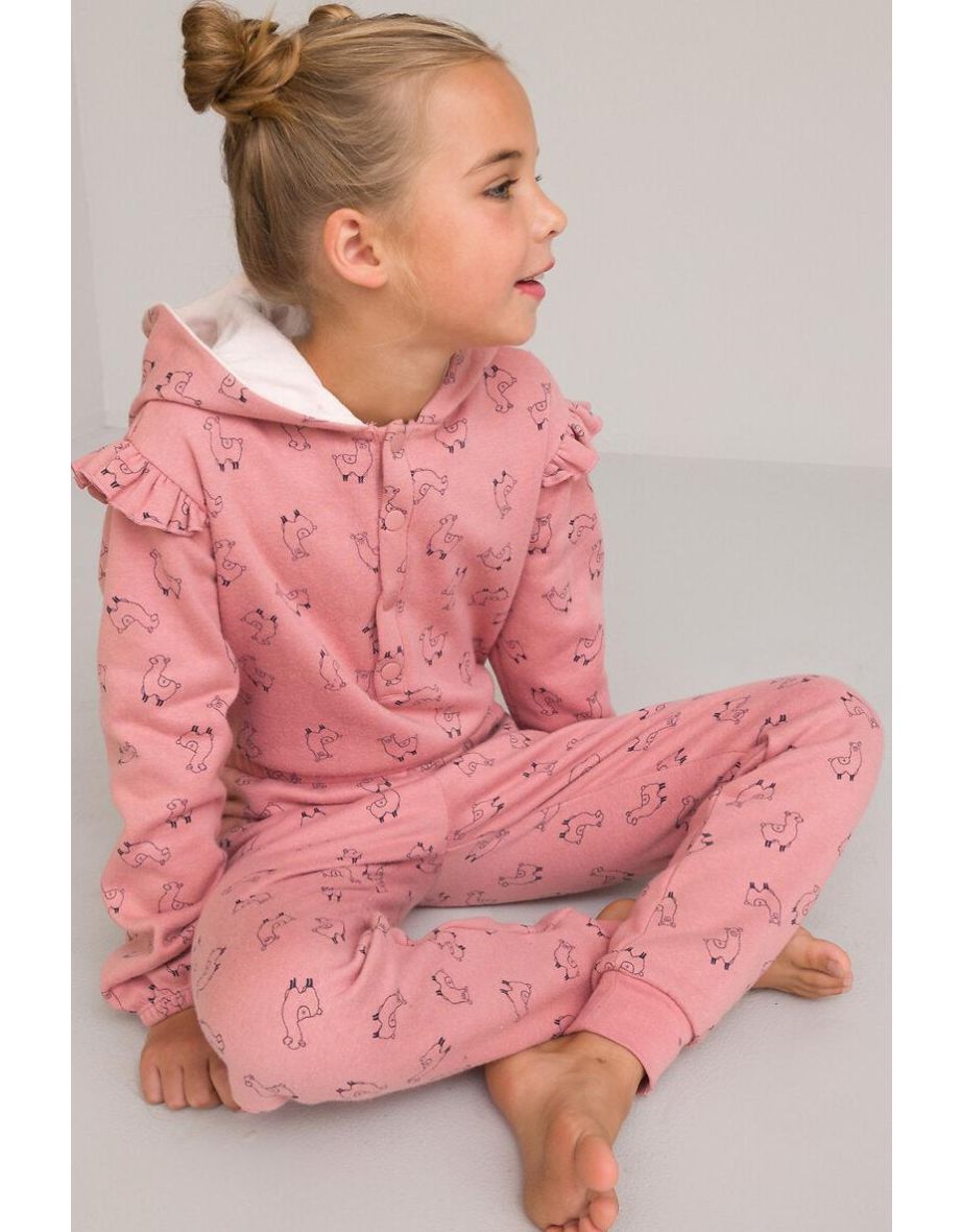 Fleece Hooded Onesie in Cotton Mix with Ruffle Sleeves