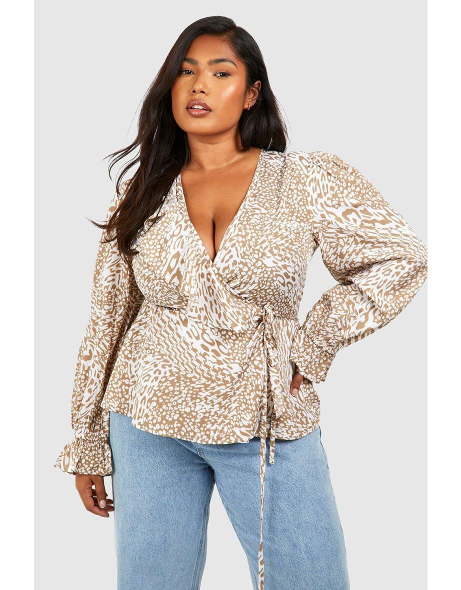 Shop Plus Leopard Ruffle Wrap Top stone Online in Oman VogaCloset