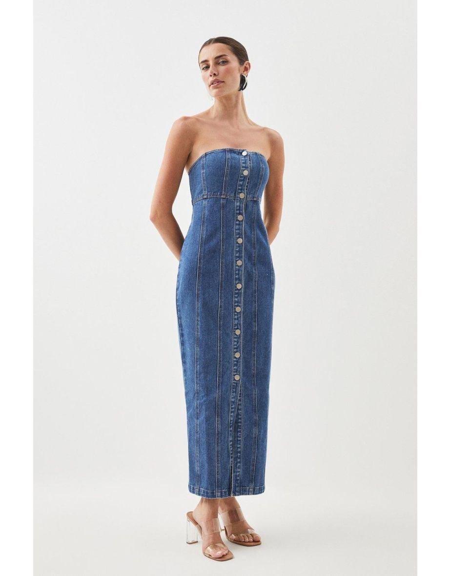 Denim Bandeau Button Midi Dress