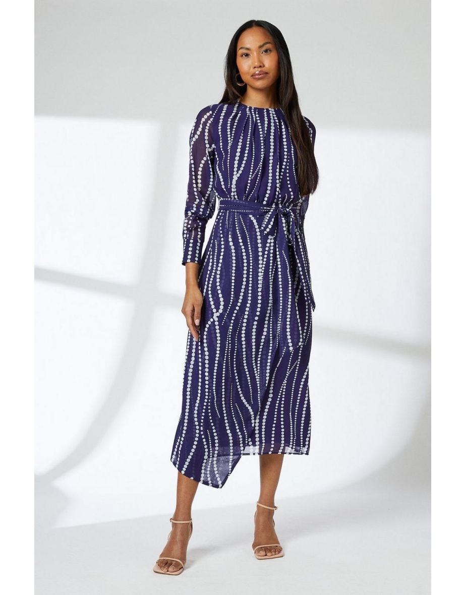 Navy Spot Pleat Neck Drape Midi Dress