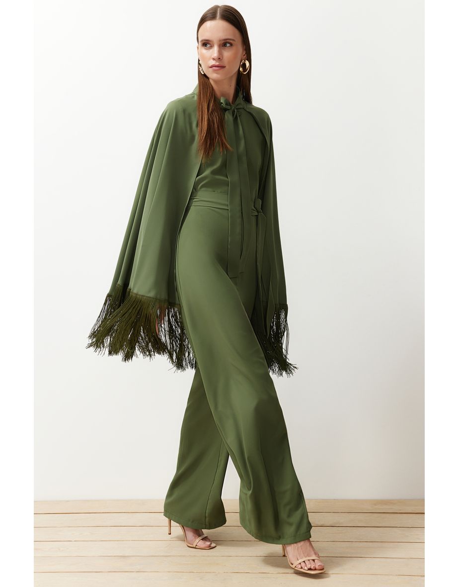 Khaki Tasseled Cape-Jumpsuit Evening Dress Suit
