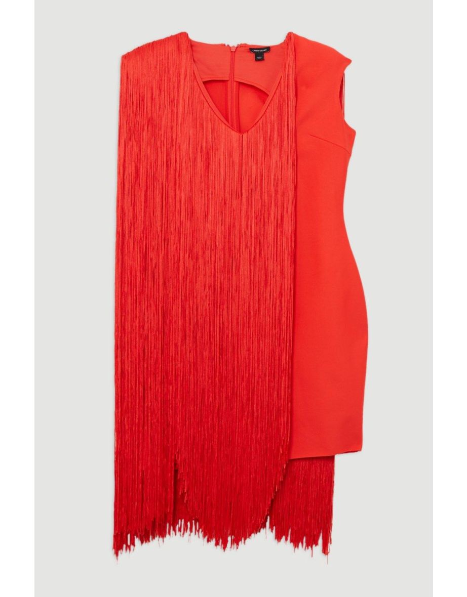 Plus Size Figure Form Bandage Knit V Neck Fringe Mini Dress - 3