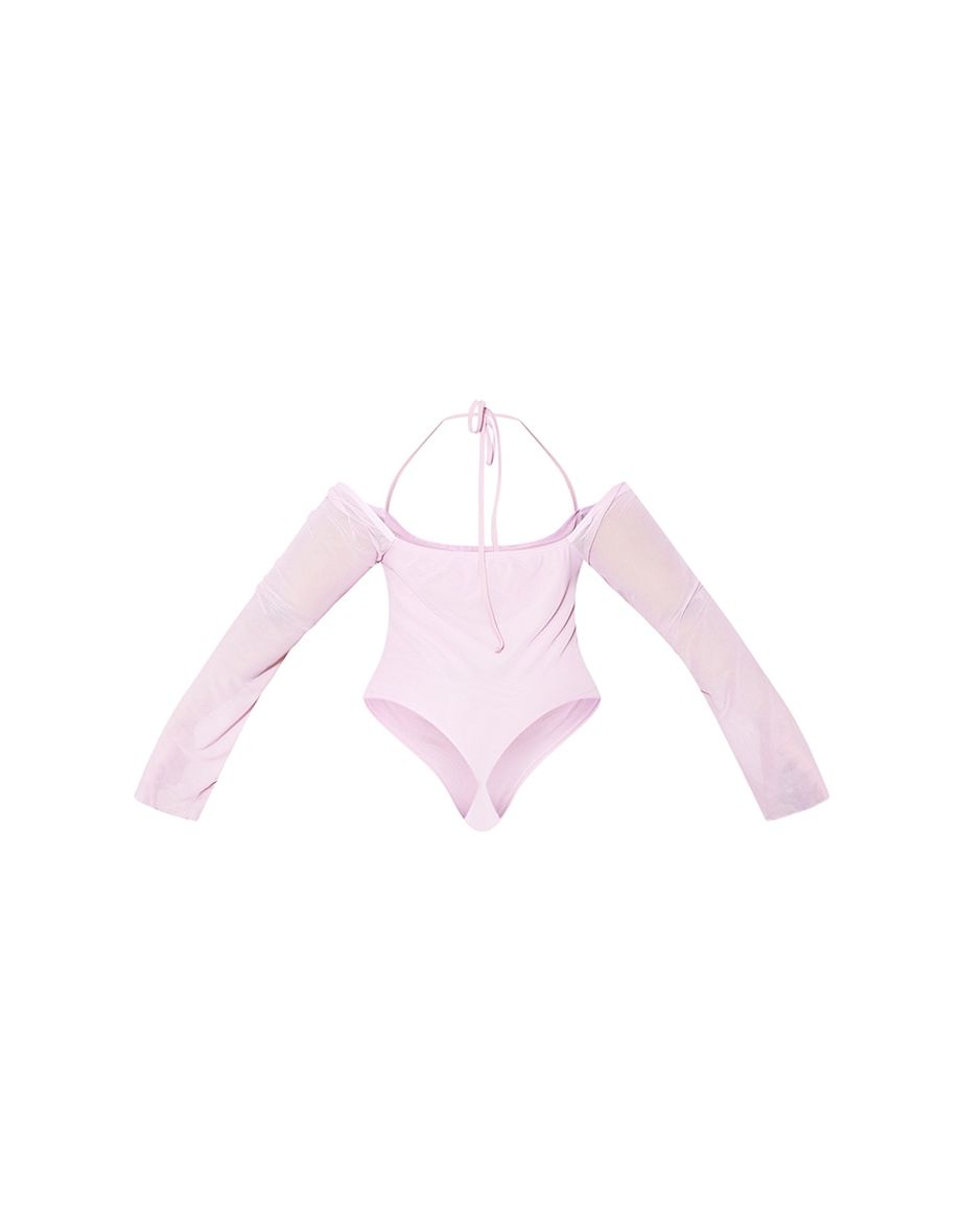Plus Lilac Mesh Sleeve Halter Neck Bodysuit - 3