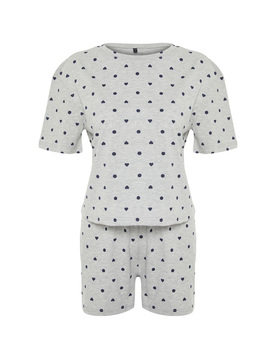 Gray Melange 100% Cotton Heart Patterned T-shirt-Shorts Knitted Pajamas Set