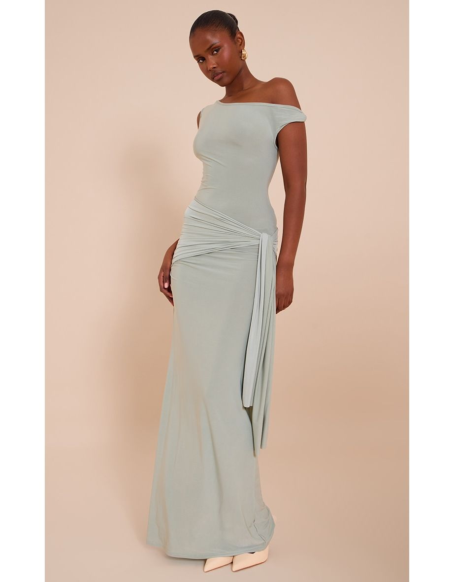 Sage Slinky Off Shoulder Wrap Detail Maxi Dress