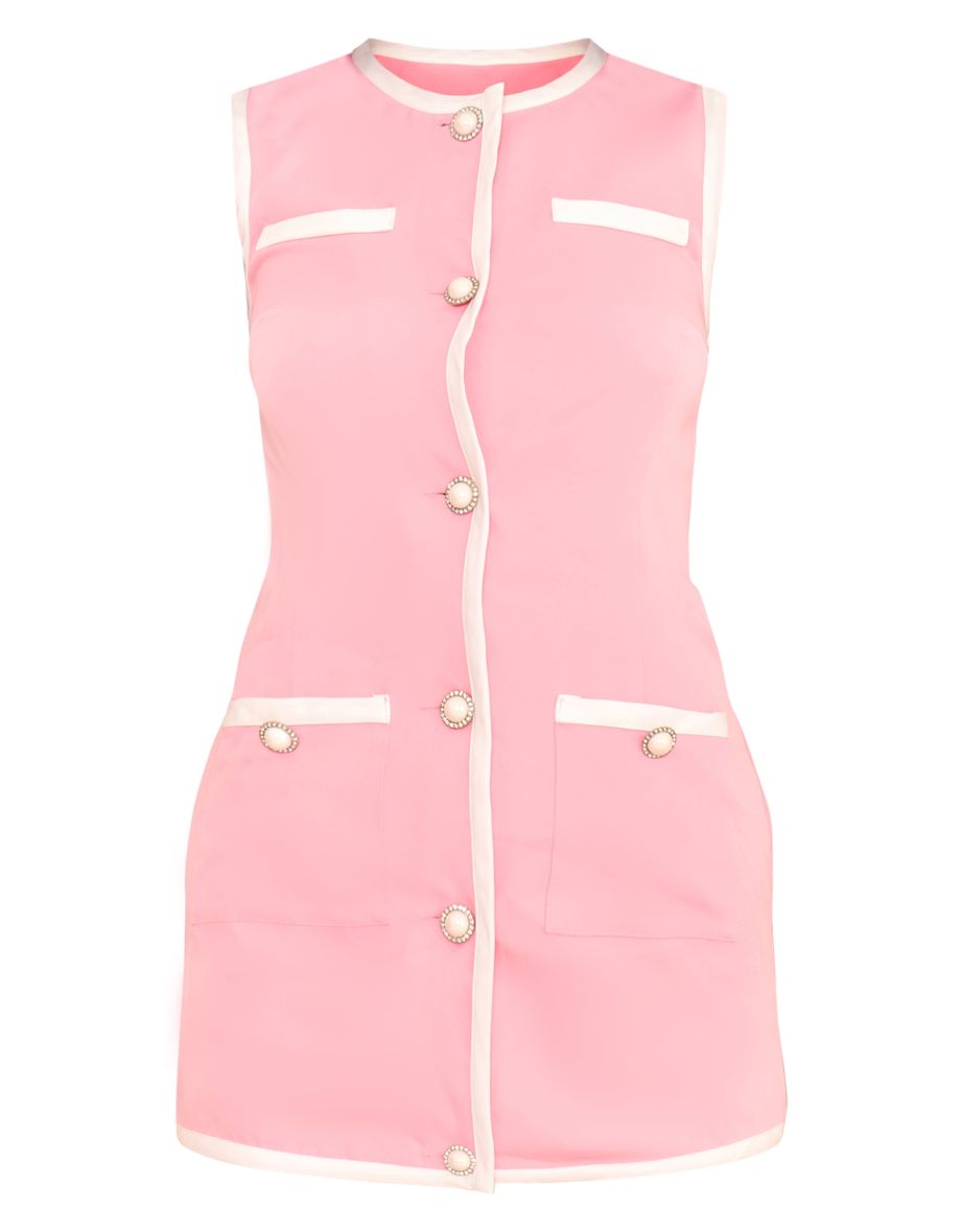 Pink Contrast Detailed Pearl Button Woven Playsuit - 4