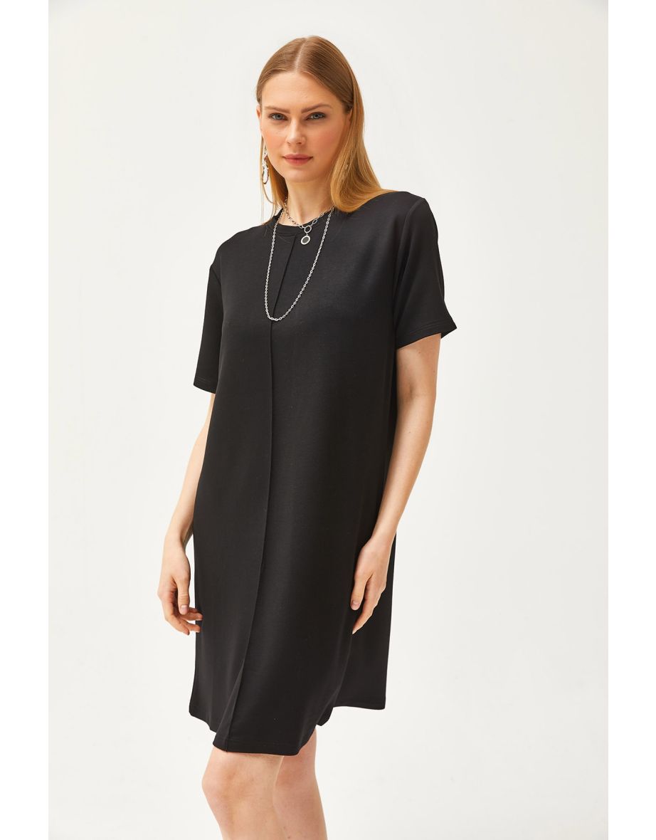 Women's Black Stitched Front Soft Textured Mini Dress - 6